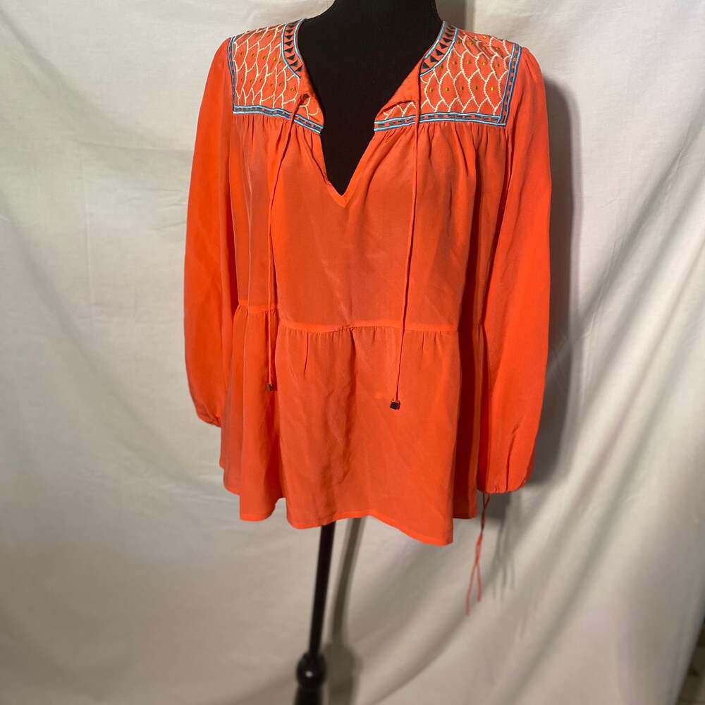 Karma 100% Silk Coral Tunic Blouse with Embroidery Size S